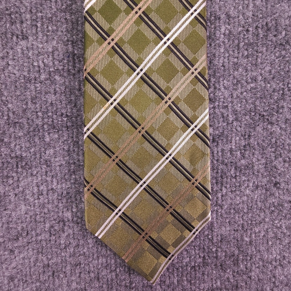 Geoffrey Beene Silk Tie Green Silver Gold Plaid Men Necktie